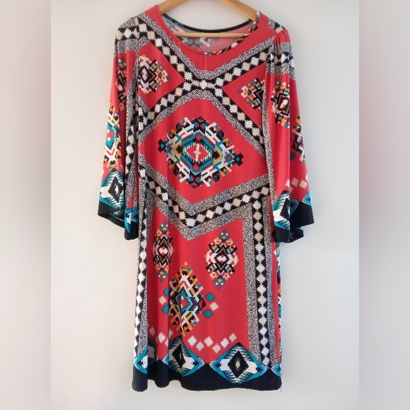 S V Geometric Print Long Sleeve Dress Pink Multi Color Size Large Style - Picture 2 of 6